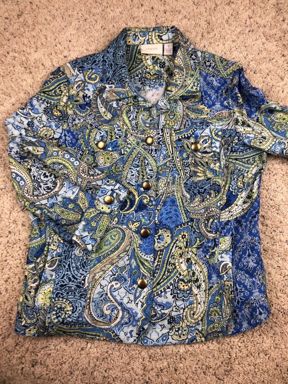 Chico's Button Up Shirt Women Size 1 Blue Green Paisley Short Sleeve Ladies
